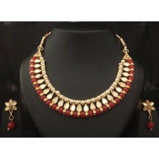 Red Pearls Mirror Jewellery Set