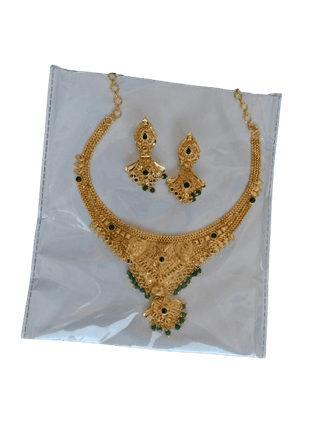 One Gram Gold-plated traditional Indian necklace set with green stones