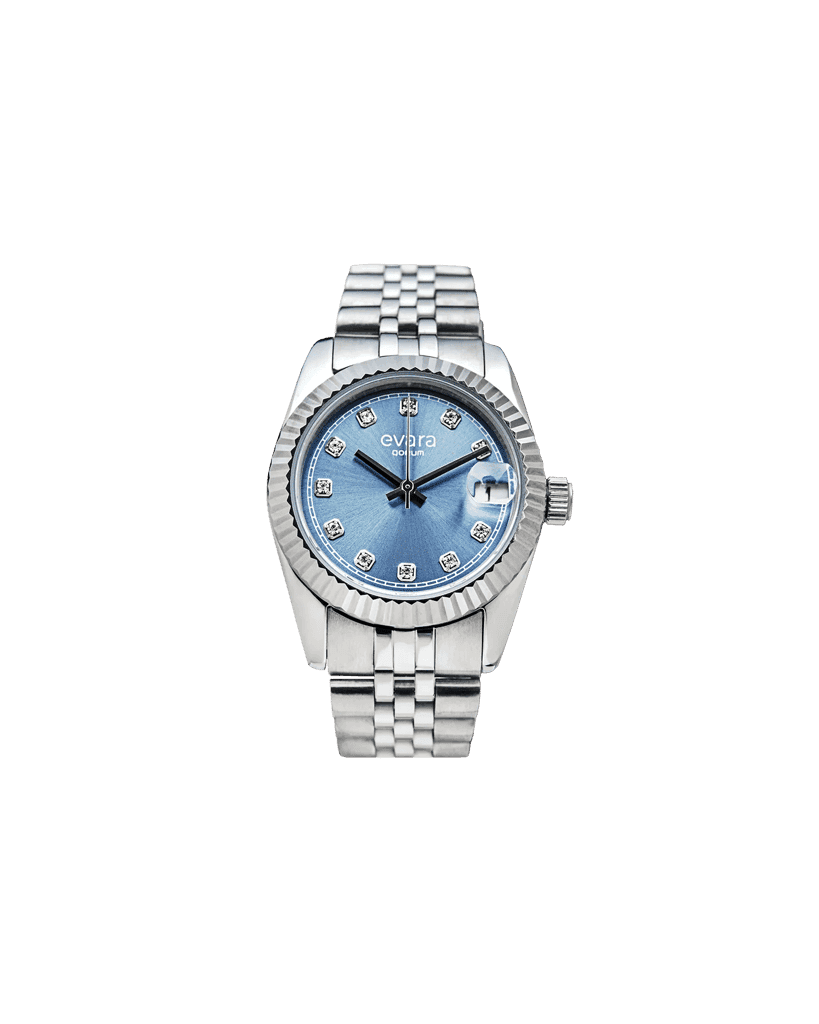 Qorum Evara Ladies Watch – Blue studded Dial, Date Display, Stainless Steel Strap
