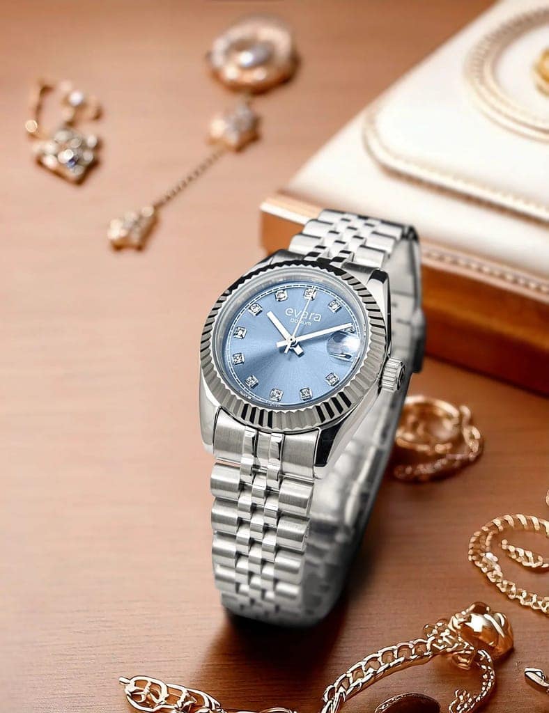 Qorum Evara Ladies Watch – Blue studded Dial, Date Display, Stainless Steel Strap view 2