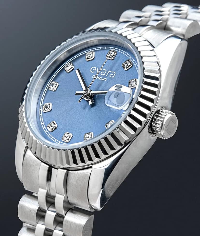 Qorum Evara Ladies Watch – Blue studded Dial, Date Display, Stainless Steel Strap view 4