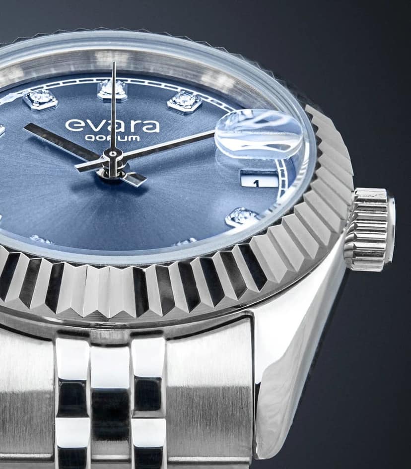 Qorum Evara Ladies Watch – Blue studded Dial, Date Display, Stainless Steel Strap view 5