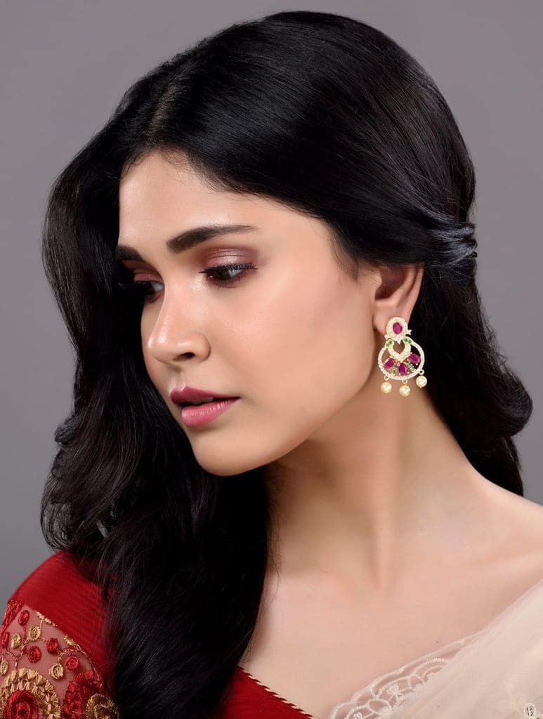Gold Plated Multi AD and Pearl studded Chandbali shaped Handcrafted Earrings view 3