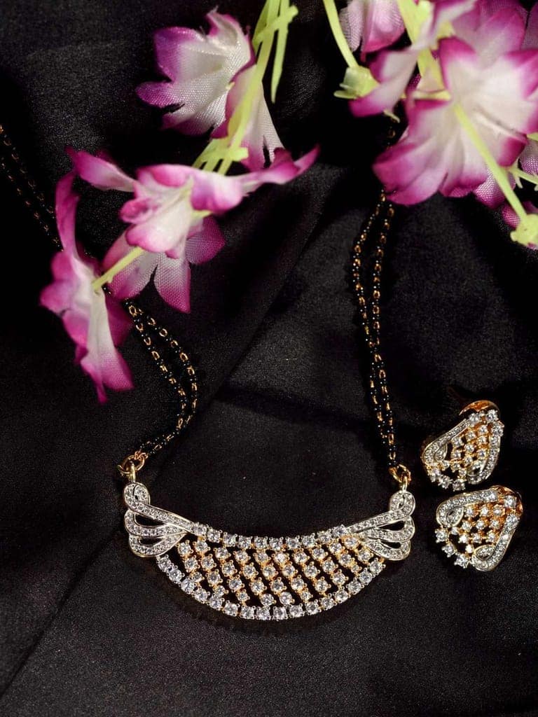 Gold Plated AD Studded & Black Beaded Handcrafted Mangalsutra Earrings view 2
