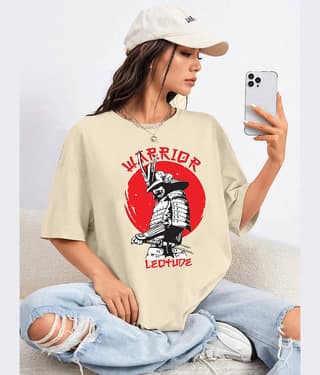 Leotude Women Cotton Blend Printed Oversized Fit Round Neck T-Shirt ( Beige )
