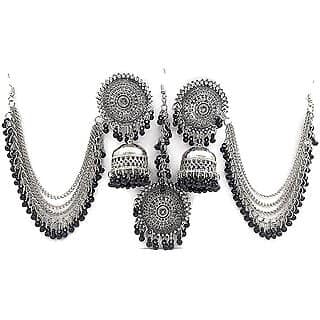 Latest Fashion Oxidised German Silver Antique Design Traditional Bahubali Maang Tikka Jhumka Earring Pack Of 1 Set