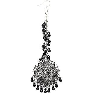 Latest Fashion Oxidised German Silver Antique Design Traditional Bahubali Maang Tikka Jhumka Earring Pack Of 1 Set view 2