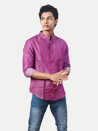 Men Solid Hot Pink Mandarin Collar Casual Shirt
