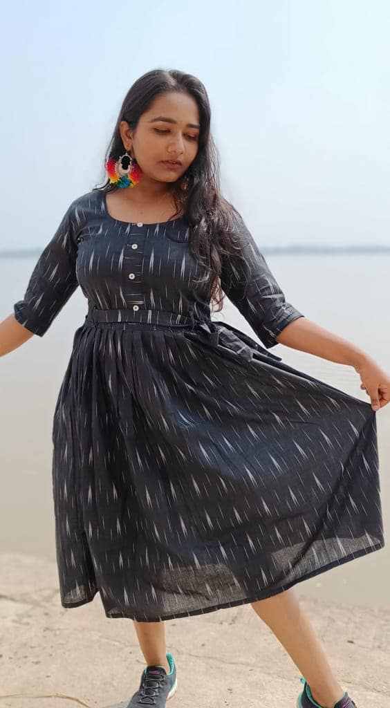 Pure Cotton Ikkat Dress Rustic Black Colour (Size XXS(32) to Plus Size(56))-7593 view 2