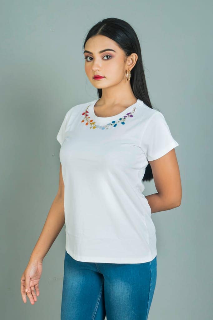 White coloured hand embroidered cotton women T shirt with full neck floral design