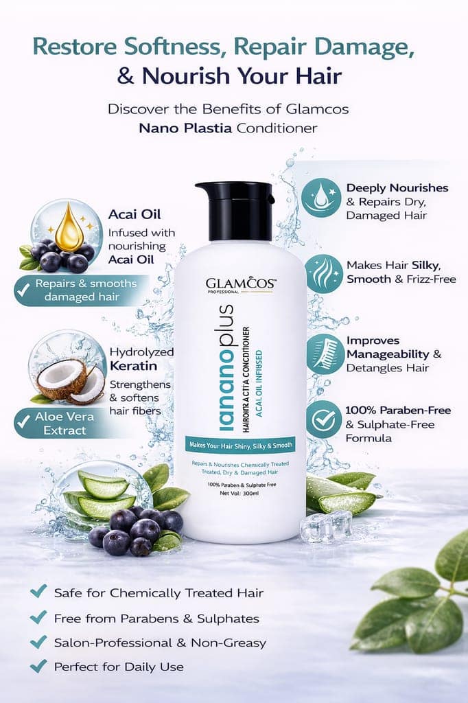 Glamcos Professional Nano Plastia Hair Conditioner | Acai Oil Infused | Deep Nourishing & Repair Conditioner for Chemically Treated & Damaged Hair | Smooth, Silky & Frizz-Free | Sulphate & Paraben Free – 300ml view 3