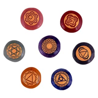 Seven Chakra Symbol Reiki Crystal Healing Set of 7 pcs with Box Reiki Engraved Natural Crystal Round Reiki Set(KI_05) by Krishna Impex