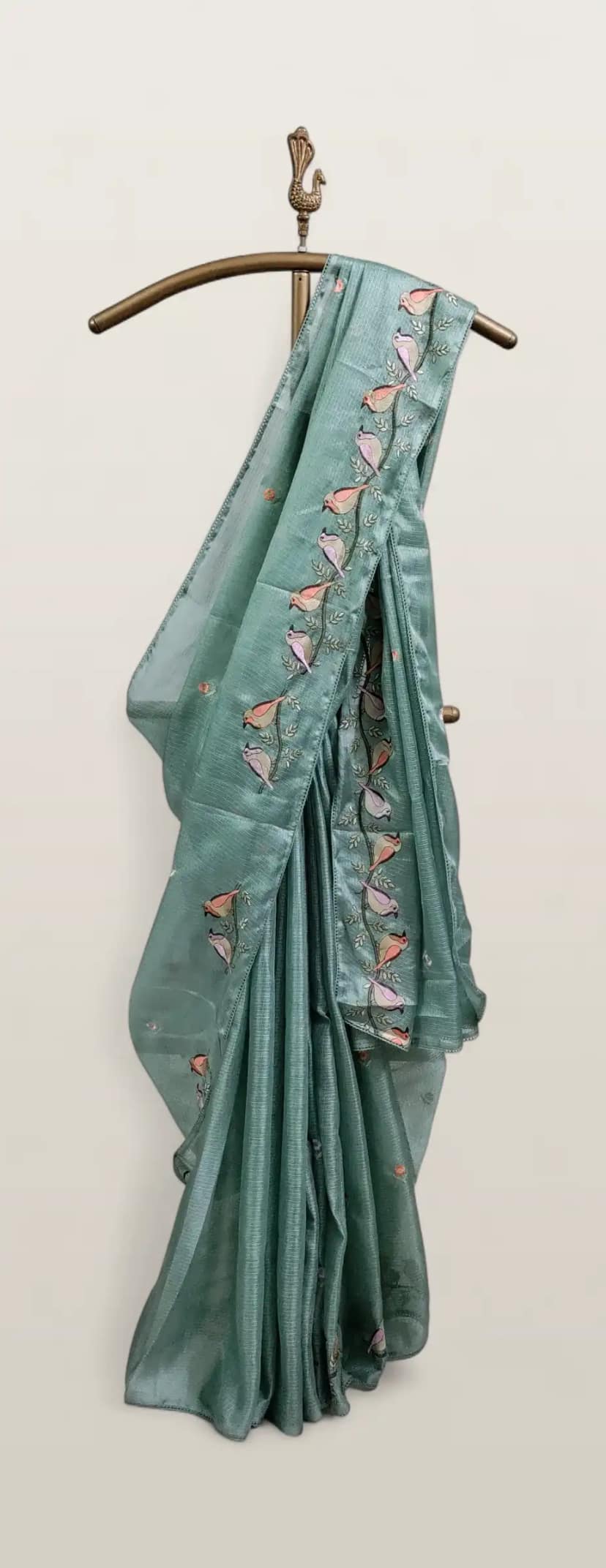 Sea Green Kota Doria Cotton-Silk Saree with Block Print Buti and Zari Border view 2