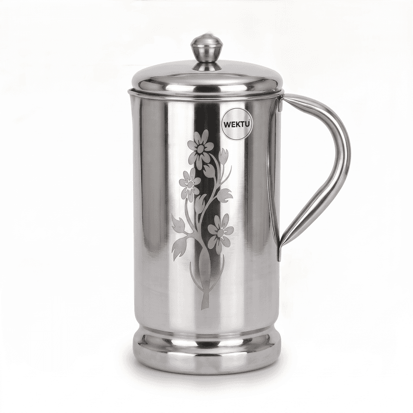 WEKTU Premium Stainless Steel Water Jug with Lid (2.0 Litres) – Laser Floral Engraved Heavy Duty Water Pitcher, Leak-Proof & Rust-Proof Container for Home, Kitchen & Dining Table
