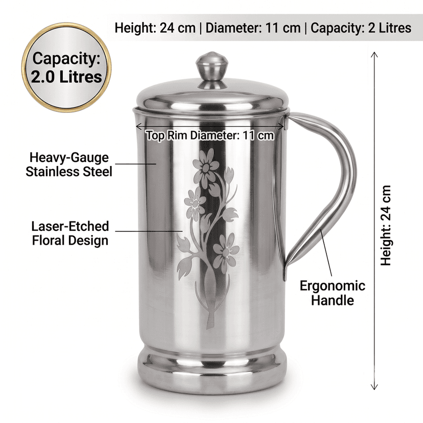 WEKTU Premium Stainless Steel Water Jug with Lid (2.0 Litres) – Laser Floral Engraved Heavy Duty Water Pitcher, Leak-Proof & Rust-Proof Container for Home, Kitchen & Dining Table view 2