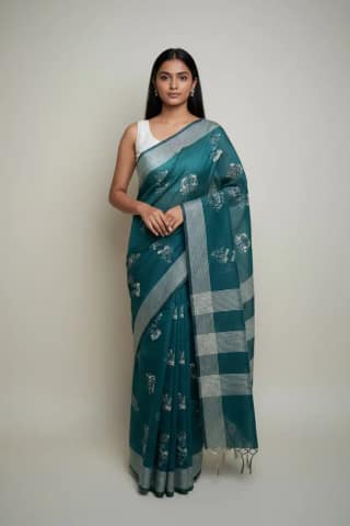 Saura Art Cotton Saree Peacock Teal Tribal Figures