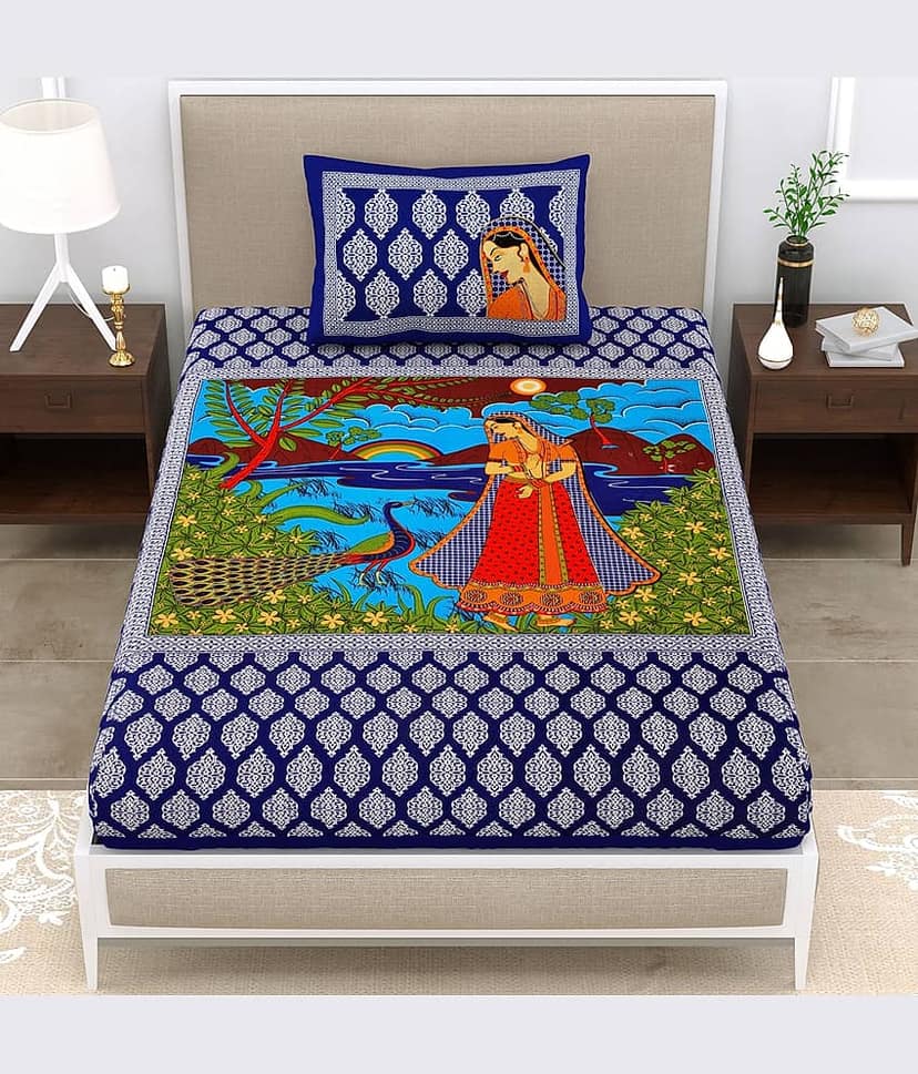 ABHACLOTHO Blue Cotton 1 Single Bedsheet with 1 Pillow Cover ( 215 cm x 150 cm )