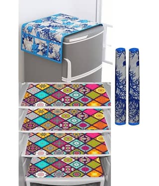 SHUBH Polyester Floral Fridge Mat & Cover ( 99 58 ) Pack of 7 - Blue