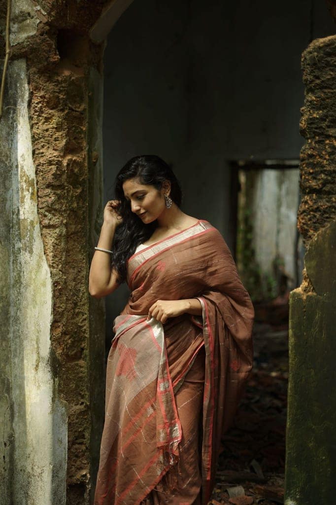 Sitara -light brown zari by cotton saree view 3