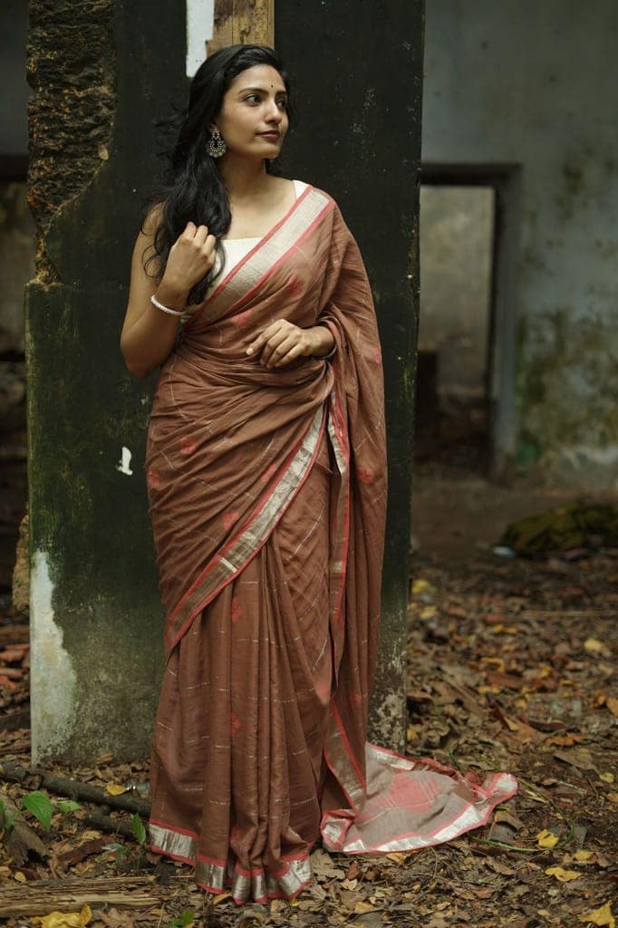 Sitara -light brown zari by cotton saree view 6