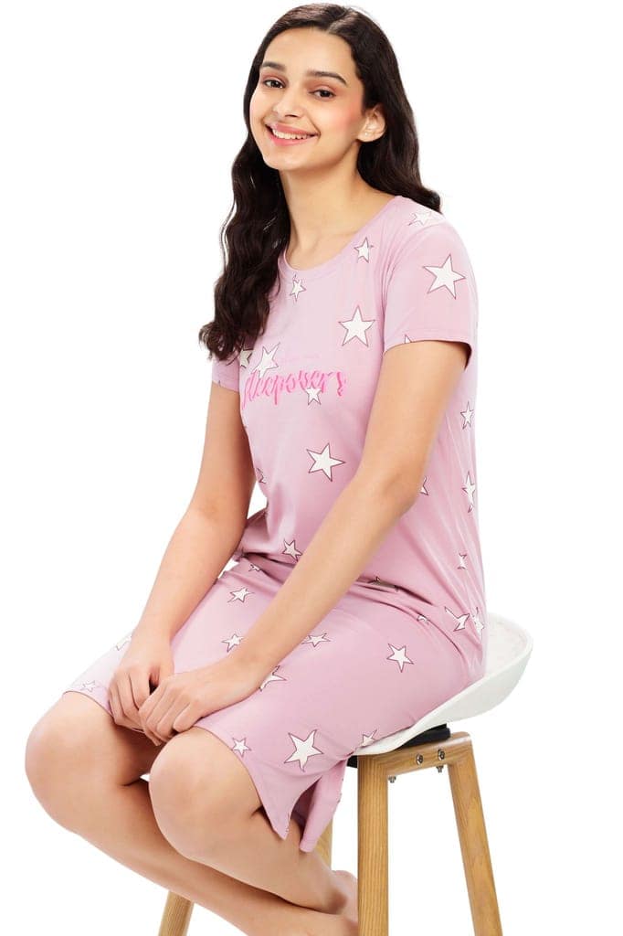 ZEYO Women Cotton Night Dress Green Star Printed Short Nighty