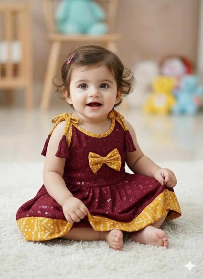 Mom and Me Baby Girls Pure Cotton Chikankari Frock with Bandhani Border | Sleeveless Shoulder Strap Dress | Soft Cotton Lining | Summer Wear (in, Age, 6 Months, 12 Months, Regular, Maroon) view 2