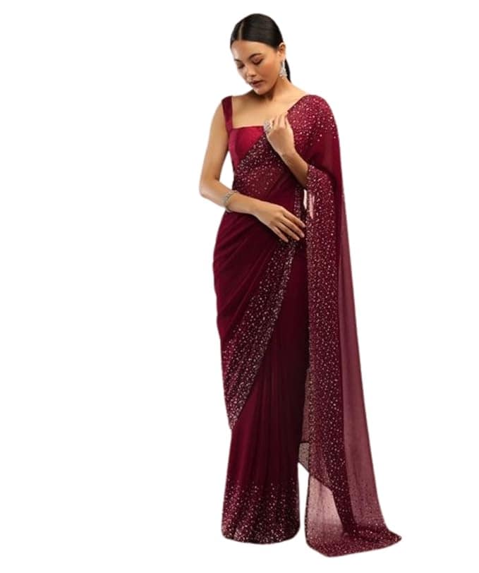 Buy Online Maroon Georgette Saree With Sequin Work At Best Price In India | Sarees - The Fashion Station