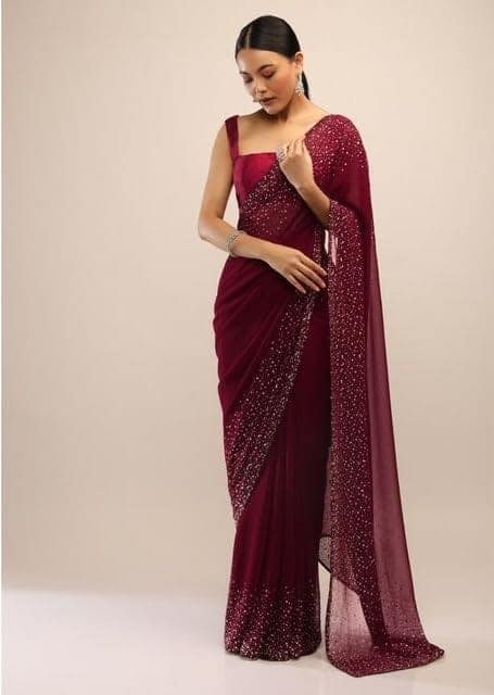 Buy Online Maroon Georgette Saree With Sequin Work At Best Price In India | Sarees - The Fashion Station view 2