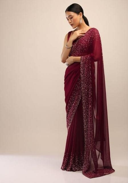 Buy Online Maroon Georgette Saree With Sequin Work At Best Price In India | Sarees - The Fashion Station view 3