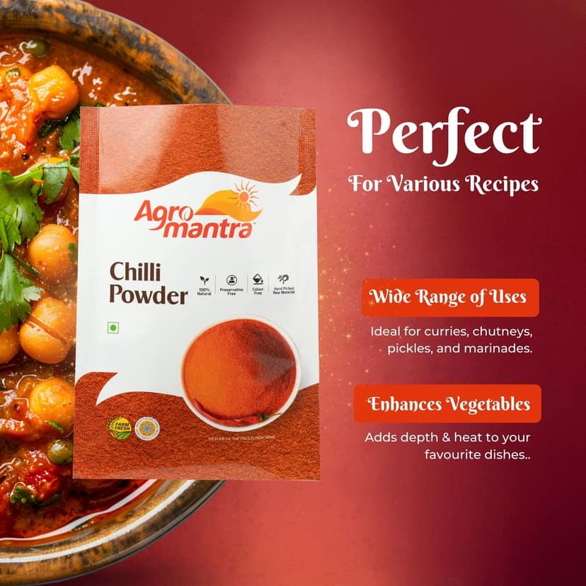 Agro Mantra Chilli Powder 500g | Authentic Indian Spice | Hand-Picked Guntur, Baydgi, Gujarat Chillies | Without Preservatives & Artificial Colour | Vibrant Colour & Rich Heat | Ideal for Curries, Chutneys & Tandoori Dishes (pack of 2) view 3