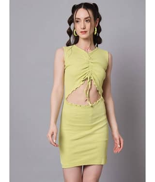 The Dry State Women Cotton Solid Cut Out Dress ( Green )