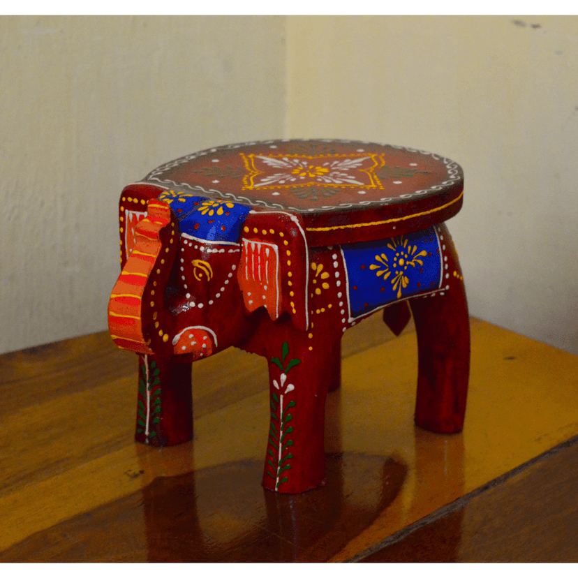 Handcrafted and Emboss Painted Colorful Wood Elephant Shape Garden Table (4 inch) (RED)