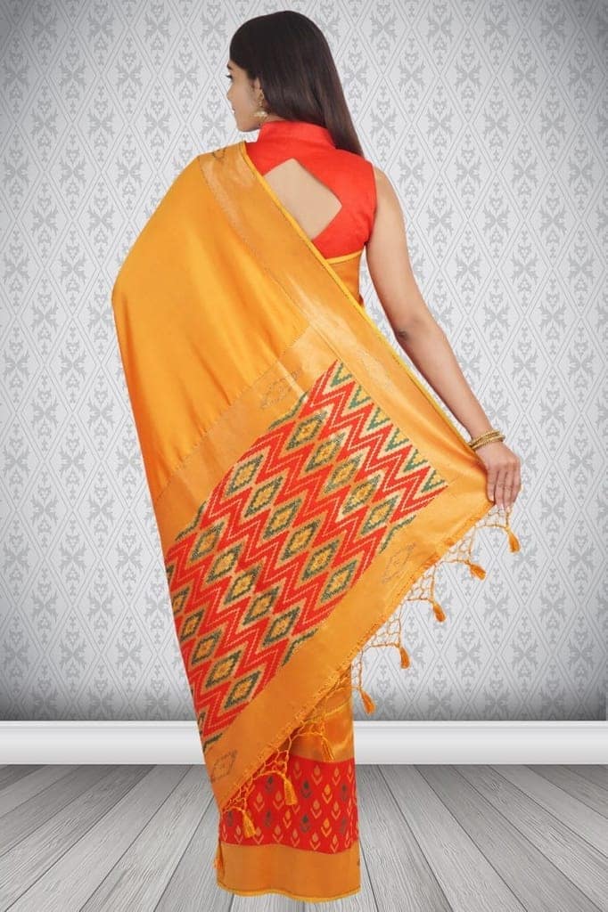 Yellow and Red Patola Soft Silk Saree With Tikli work view 2