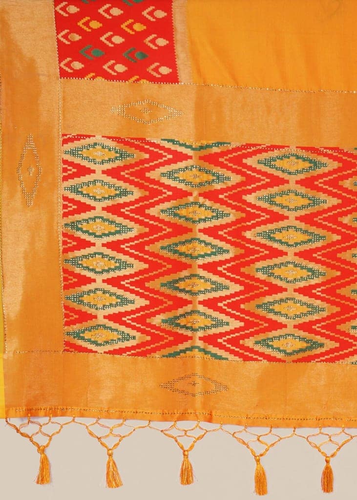 Yellow and Red Patola Soft Silk Saree With Tikli work view 4