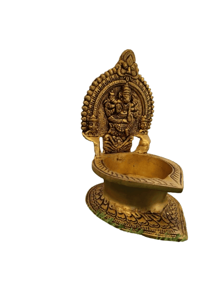Antique Brass Oil Lamp with intricate carvings of Lord Ganesha view 2