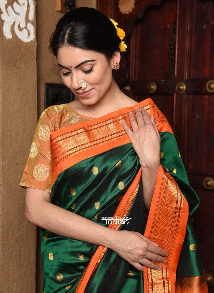 Rajsi~ Pure Silk Handloom - Maharani Paithani in Dark Green with a Bright Orange Border (Available in Peacock Buttis) view 2