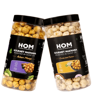 GOURMET MAKHANA Roasted in Olive Oil | Flavors Cream and Onion & Achari Mango | Combo Of 2, 65g Each. - 130 gm