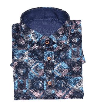 Men's Abstract Print Cotton Blend Casual Shirt - Blue, Pink & White