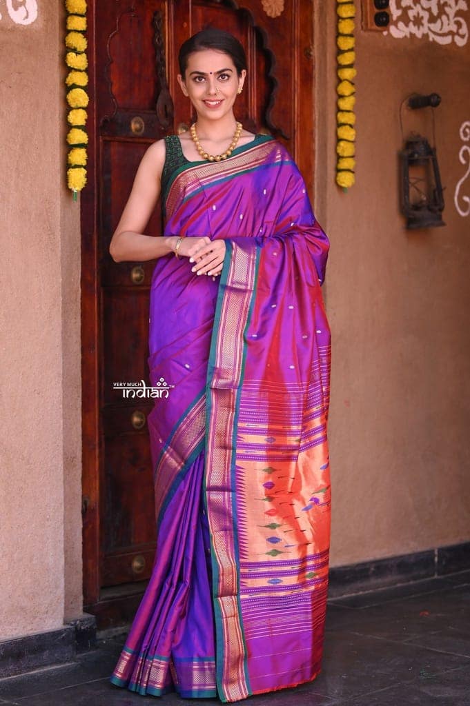 Raaga Heritage - Traditional Handloom Pure Silk Purplish Wine Paithani with Traditional Double Pallu view 2