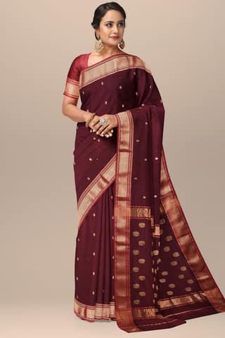Wine Color Buti Handwoven Sausar Silk Saree with Zari Border and Buta Palla SKU- BS10119