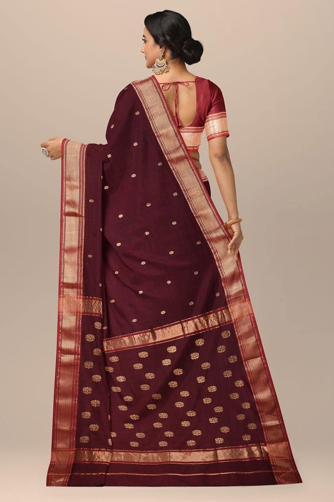 Wine Color Buti Handwoven Sausar Silk Saree with Zari Border and Buta Palla SKU- BS10119 view 2
