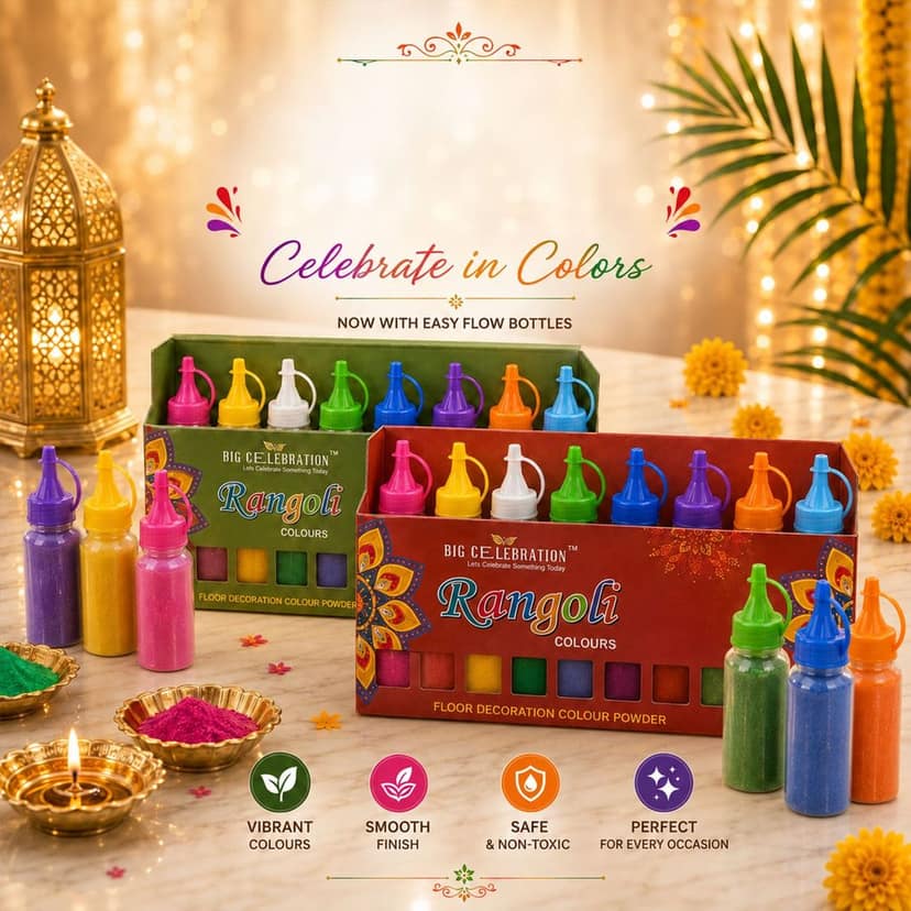 Rangoli Colour Powder Set with Nozzle Bottles for Diwali Decor (10 Pc Set) view 2