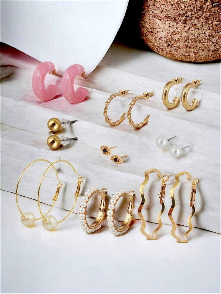 LUCKY JEWELLERY Fashion 9 Pairs Combo Set Of Latest Earrings Celebrity Inspired Stylish Trendy Gold Plated Stud Tops, Hoop Earing C Shaped Earring Geometric Hoops for Women & Girls (312-CHEX-1186-9) view 2