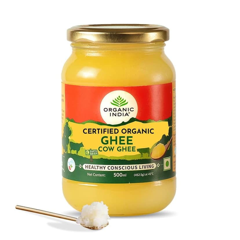 A TATA Product - Organic India Pure Cow Ghee, 500ml, Lab Tested on 600+ Parameters, Certified Organic, Glass Bottle, Sourced from Organically Fed Cows, Authentic Taste, Rich in Healthy Fat