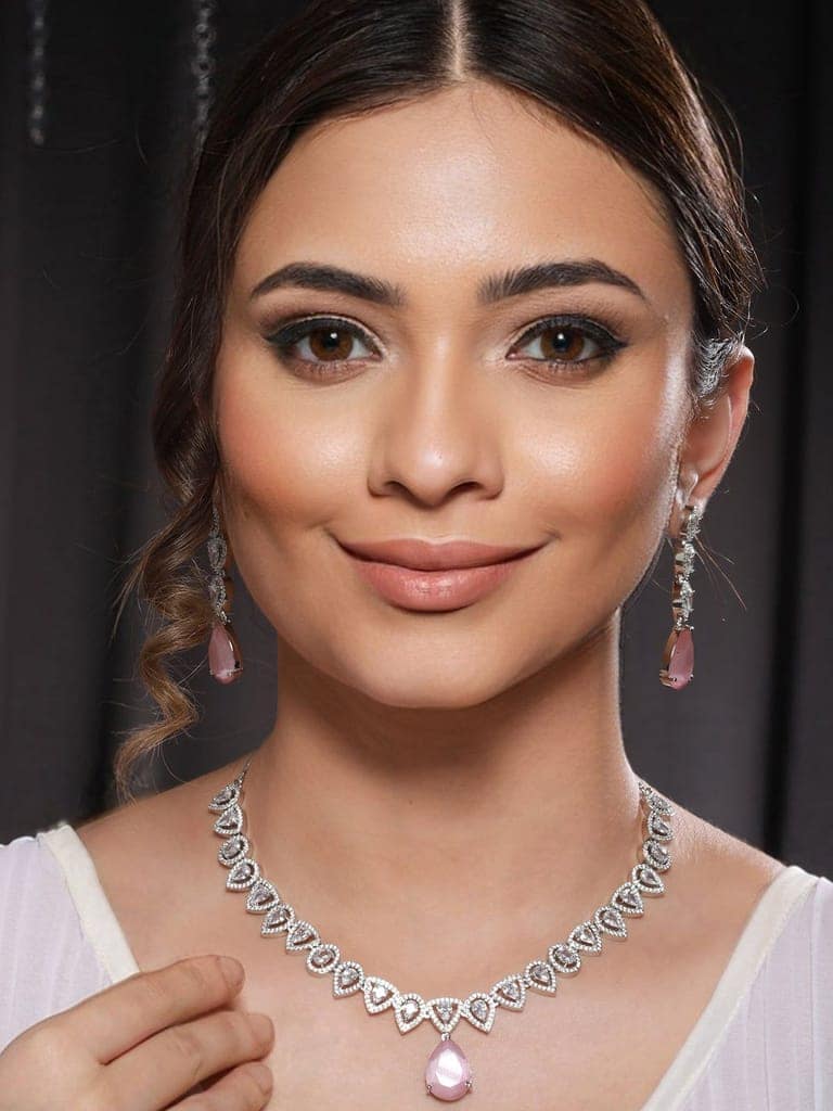 White Rhodium Pink AD Studded Luxe Minimal Jewellry Set view 2