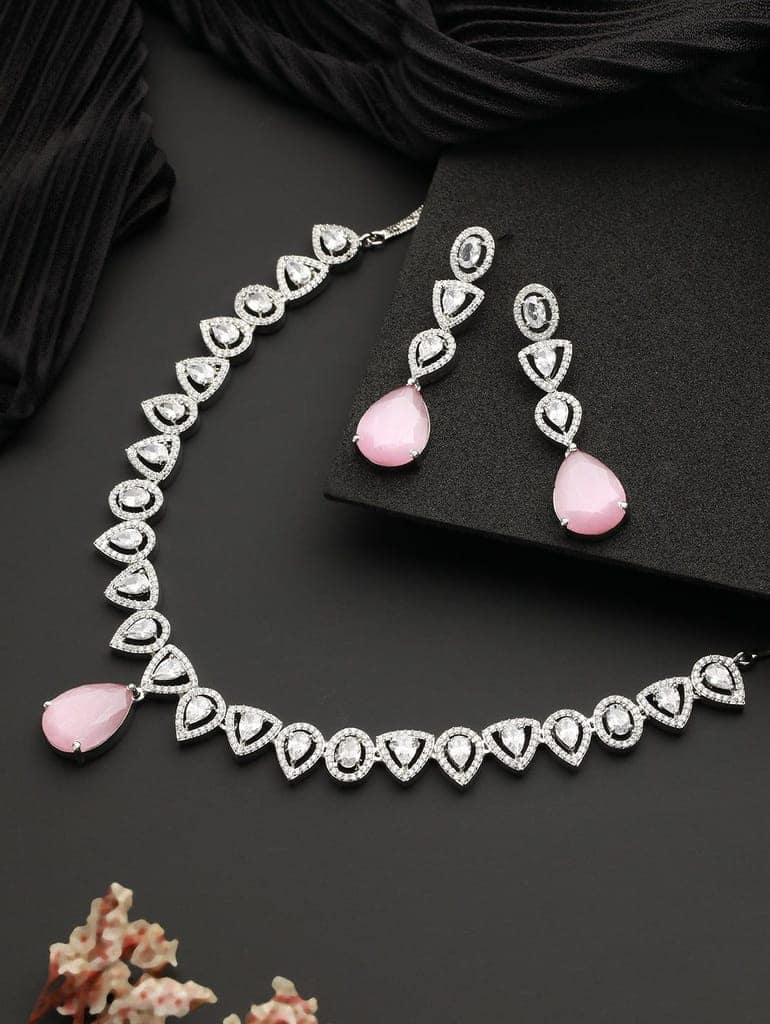 White Rhodium Pink AD Studded Luxe Minimal Jewellry Set view 3