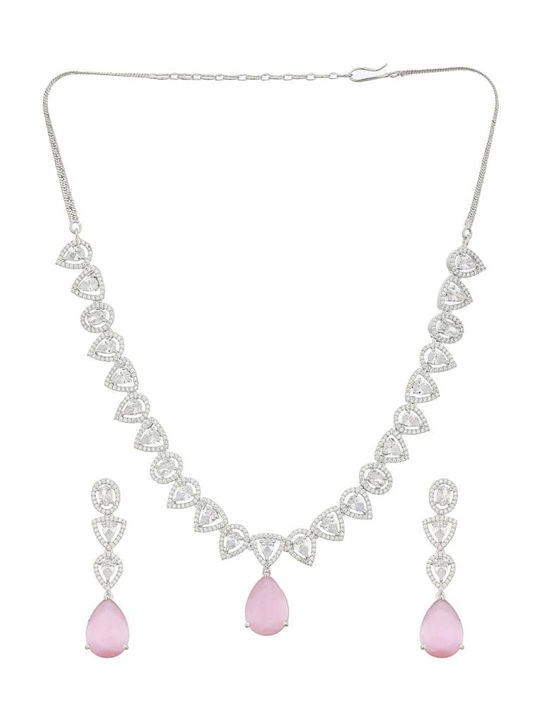 White Rhodium Pink AD Studded Luxe Minimal Jewellry Set view 4