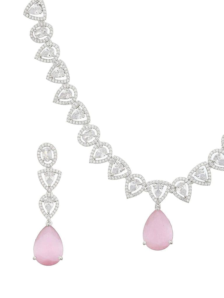 White Rhodium Pink AD Studded Luxe Minimal Jewellry Set view 6