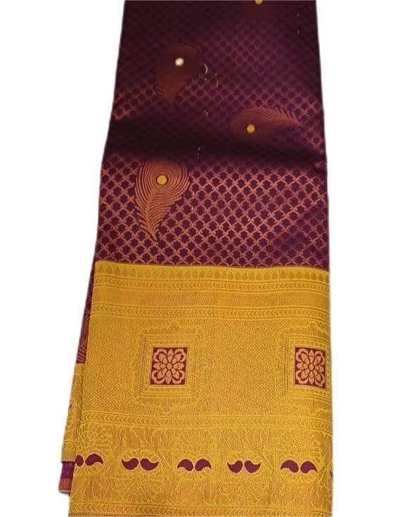 Maroon and gold silk saree with peacock motifs view 5