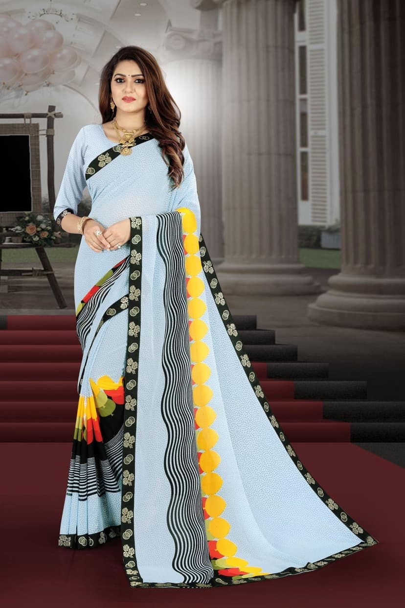 TheHangr Women's Beautiful Printed Georgette Saree With Lace Border & Blouse Piece - Steel Blue